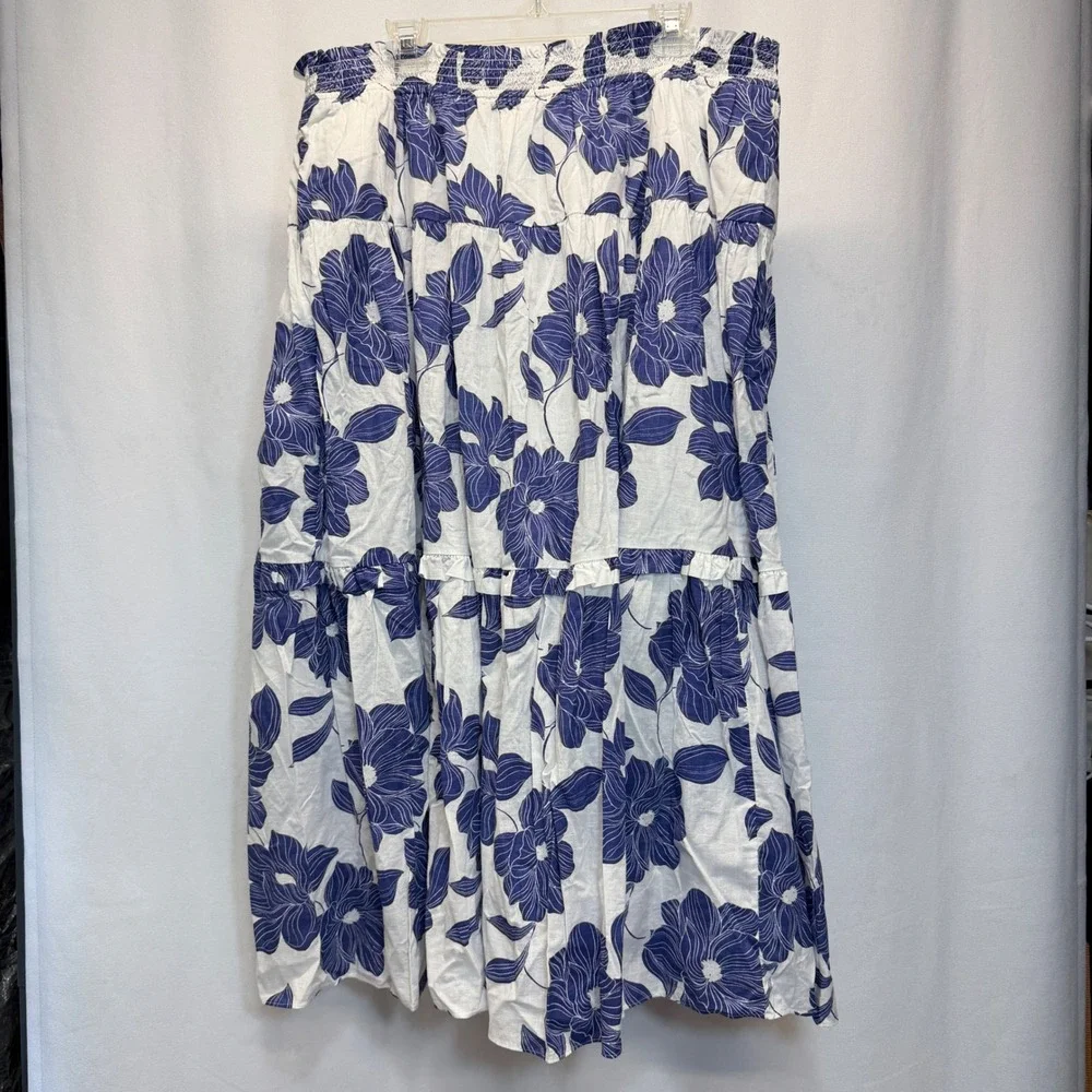 Draper James Midi Skirt Women 3X White Blue Floral Magnolia Shadows Smocked NEW